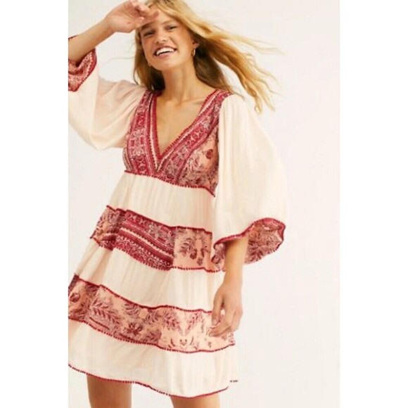 Free People My Love Swing Mini Dress Pink Floral Long Sleeve Boho Sz XS Hippie
